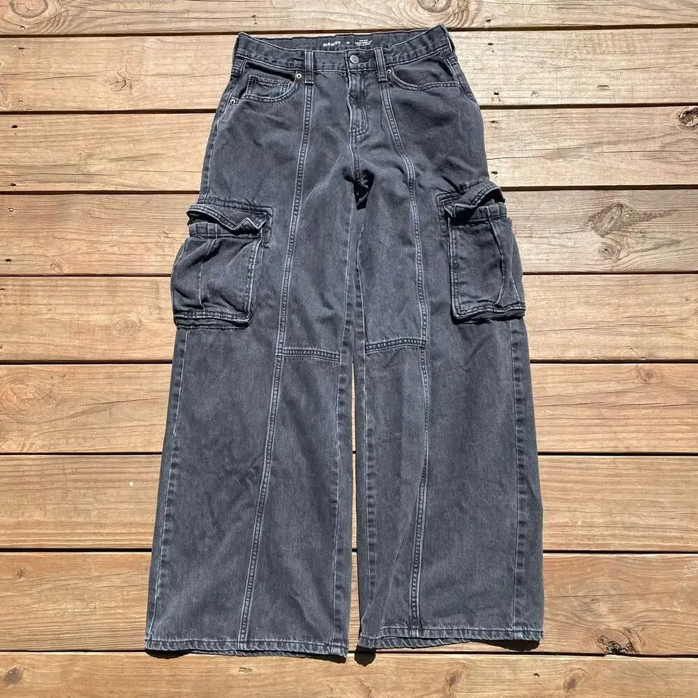 Old Navy Baggy Wide Leg Cargo Jeans Size 18 Black Denim